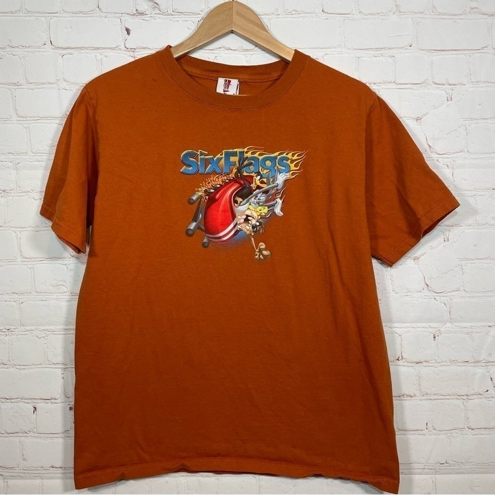 Vintage Six Flags Shirt Youth XL Brown Bugs Bunny Tweety Bird Rollercoaster